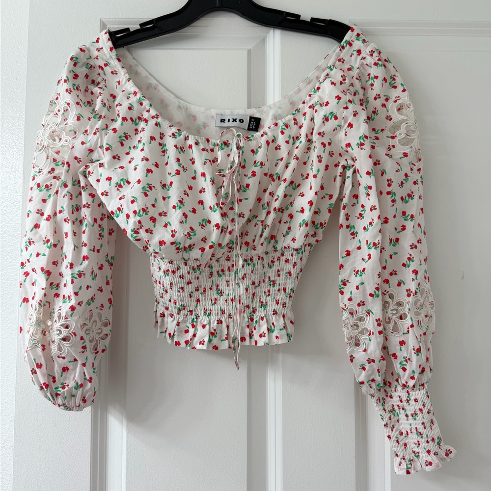 RIXO White and Red Floral Blouse